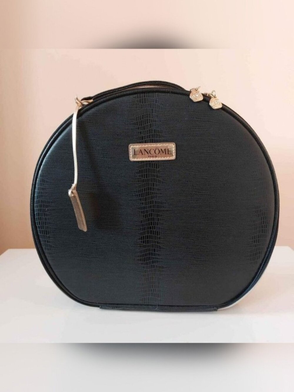 Lancome Black Textured Round Cosmetic Makeup Bag Womens OS